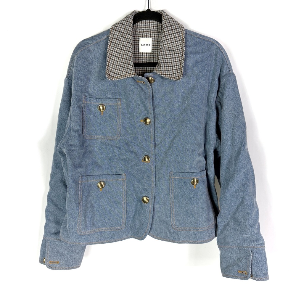 Sandro Jacket Denim Blue Houndstooth Contrast Collar Button Front Sz 42 / 10 US - Picture 6 of 13